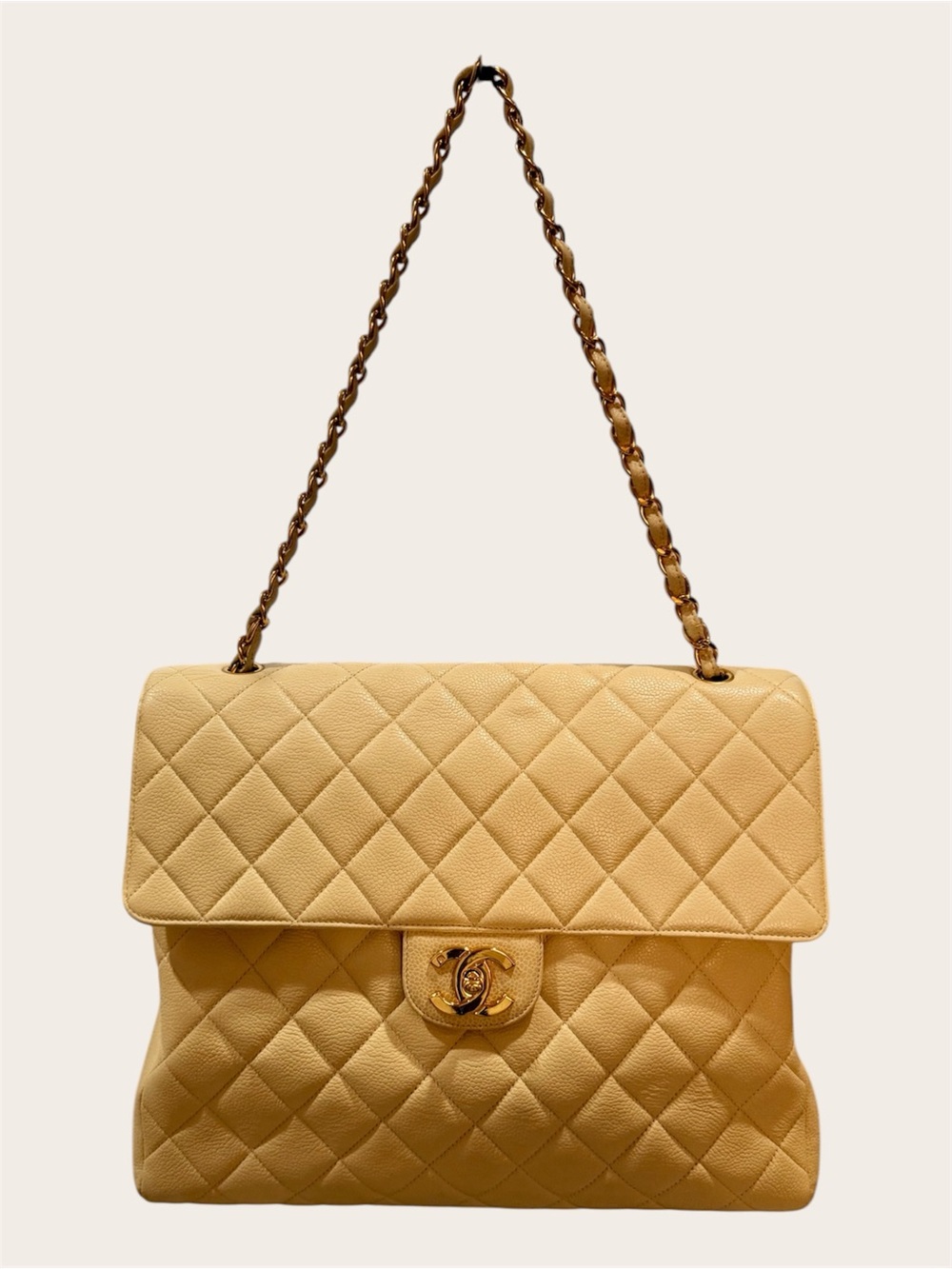 CHANEL Quilted Shoulder Bag in Pale Yellow with Gold Chain